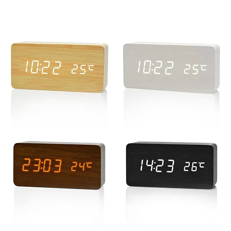 Wooden Digital Alarm Clock LED Table Clock with Temperature for Bedroom Office Desk Decorations