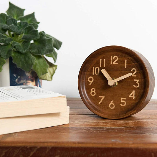 ABYN-Wooden Desk & Table Analog Clock Made Of Genuine Pine(Dark)-Battery Operated With Precise Silent  Mechanism