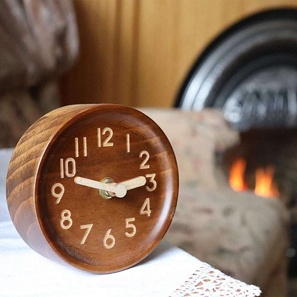 ABYN-Wooden Desk & Table Analog Clock Made Of Genuine Pine(Dark)-Battery Operated With Precise Silent  Mechanism